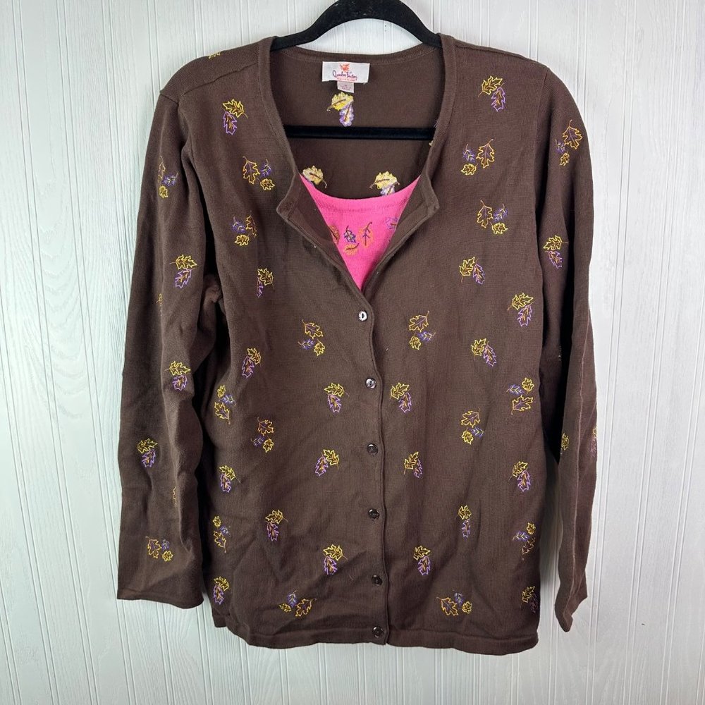 Quacker Factory Brown sweater with Built in pink top Fall Theme Size Medium